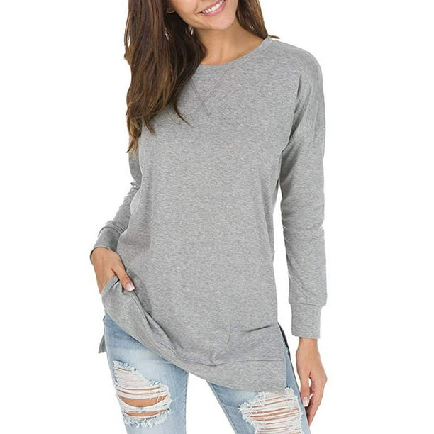Hotkey Autumn Sweatshirts for Women Long Sleeve Round Neck Tops Shirts Solid Color Side Split Pullover Casual Loose Blouse 